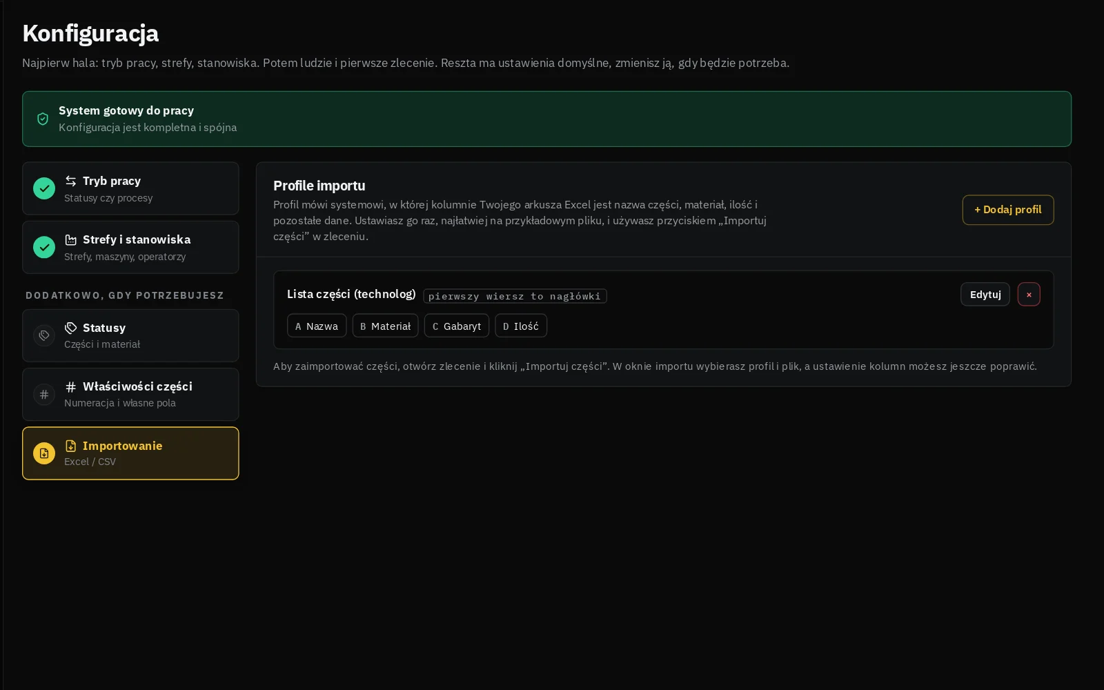 Profile importu: lista części z kolumnami Nazwa, Materiał, Gabaryt, Ilość